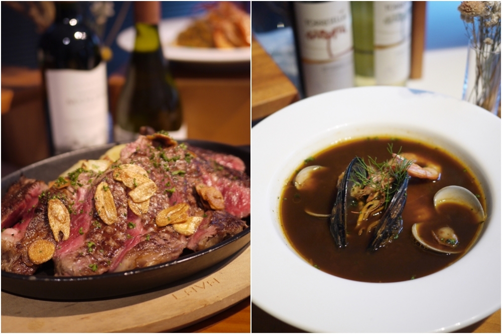 左：爐烤美國肋眼牛排　右：義式鄉村馬賽鮮魚湯（攝影：黃映嘉）
