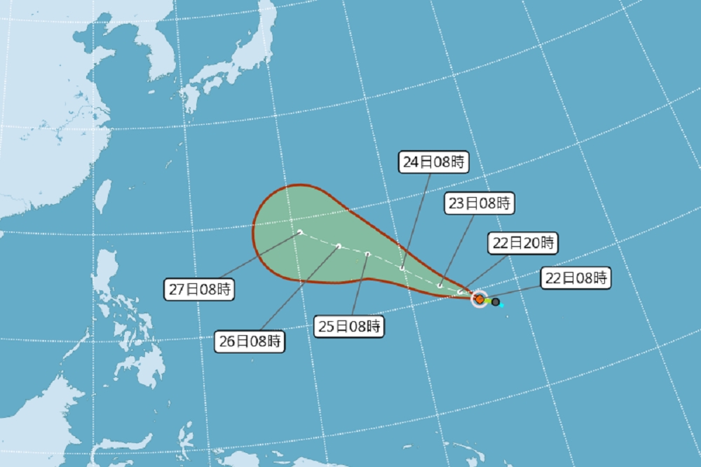 關島東南東方海面的熱帶性低氣壓已於22日成為編號第26號輕度颱風「玉兔」(YUTU)。（圖片取自中央氣象局）