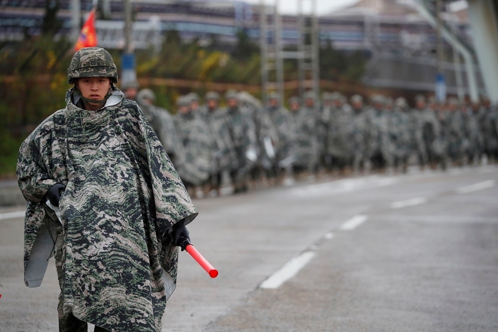 南韓軍事演習示意圖。（湯森路透）