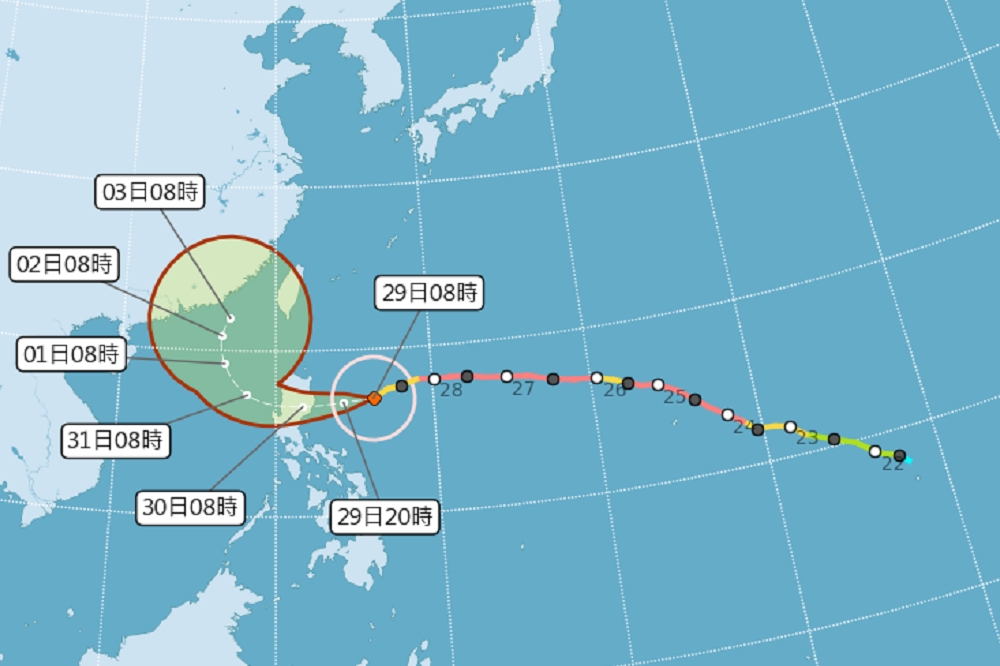 玉兔颱風不會直接登陸台灣，但台灣本島30日受外圍環流影響，北部、東半部將陸續降雨。（圖片取自中央氣象局）