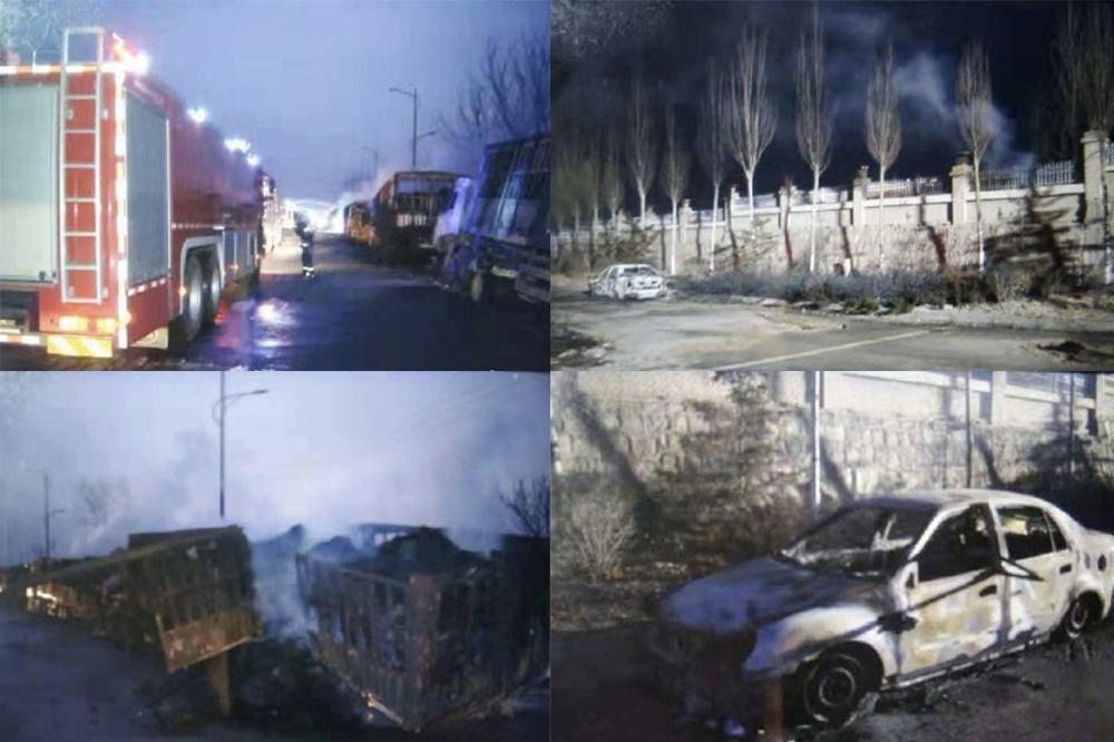 張家口一間化工廠附近發生大爆炸，多架車輛被燒成廢鐵。（網上圖片）
