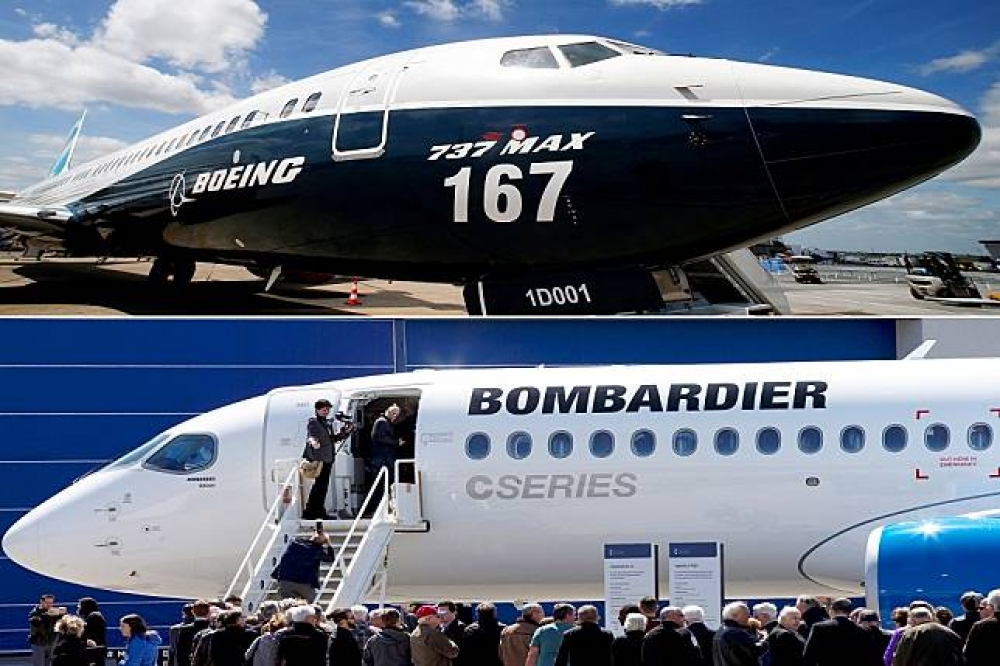 照片上方為波音公司的737 MAX，下方為龐巴迪的CS300。（湯森路透）