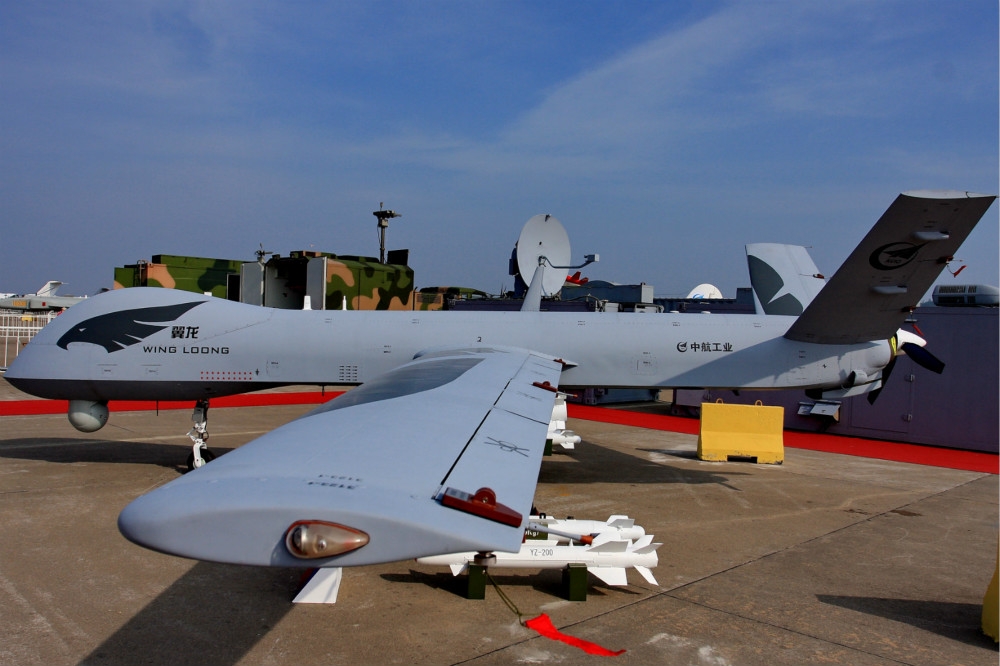 珠海航展上展示的「翼龍」無人機。（中新社）