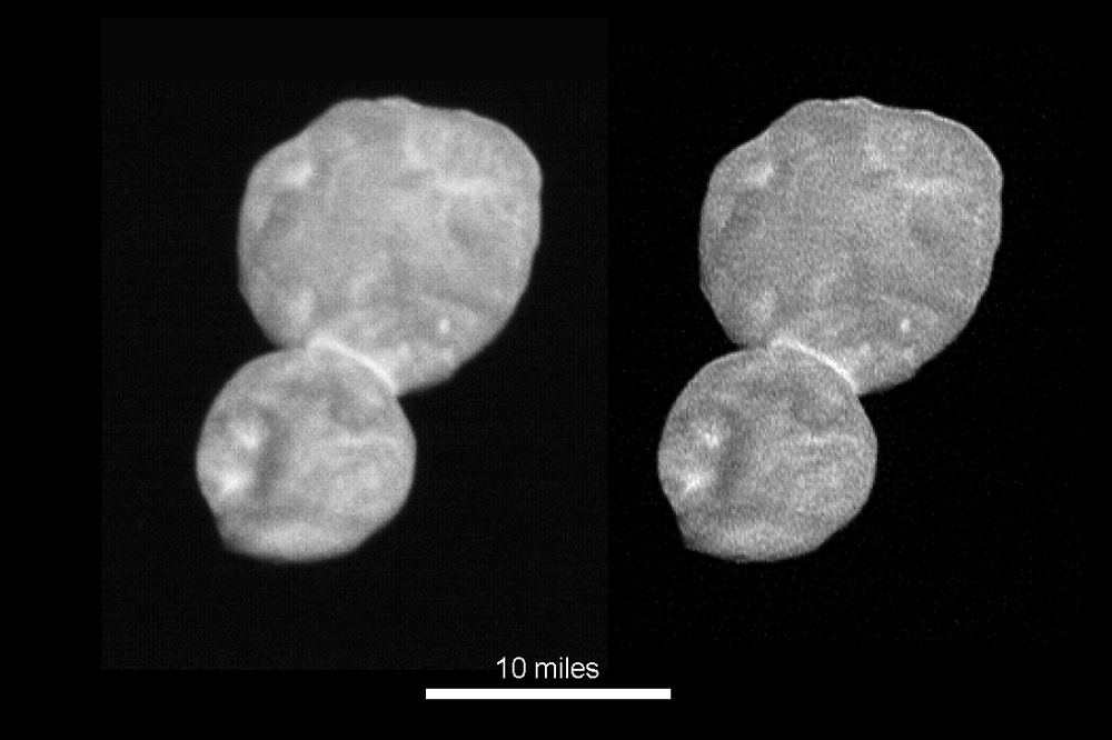 NASA公布太陽系邊緣的小行星「終極遠境」（Ultima Thule）的清楚影像。（美聯社）