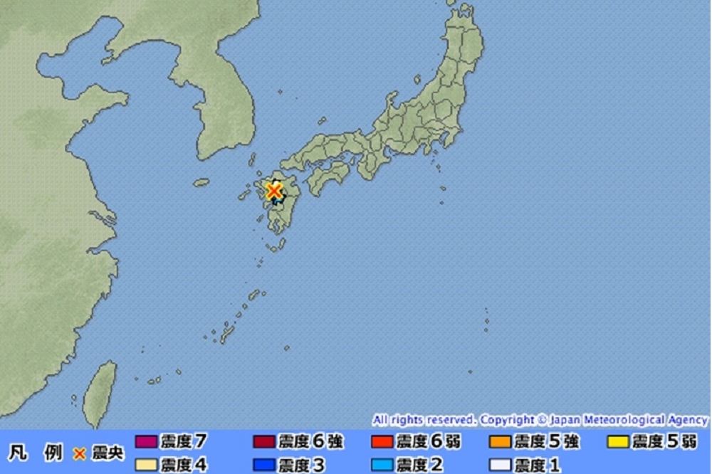 日本九州3日晚間6時13分發生規模5.0的地震。（圖片取自日本氣象廳）