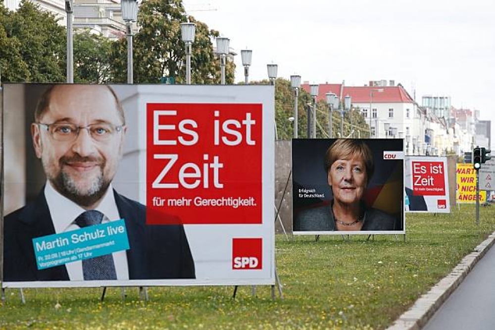德國柏林的大選宣傳海報。（湯森路透）