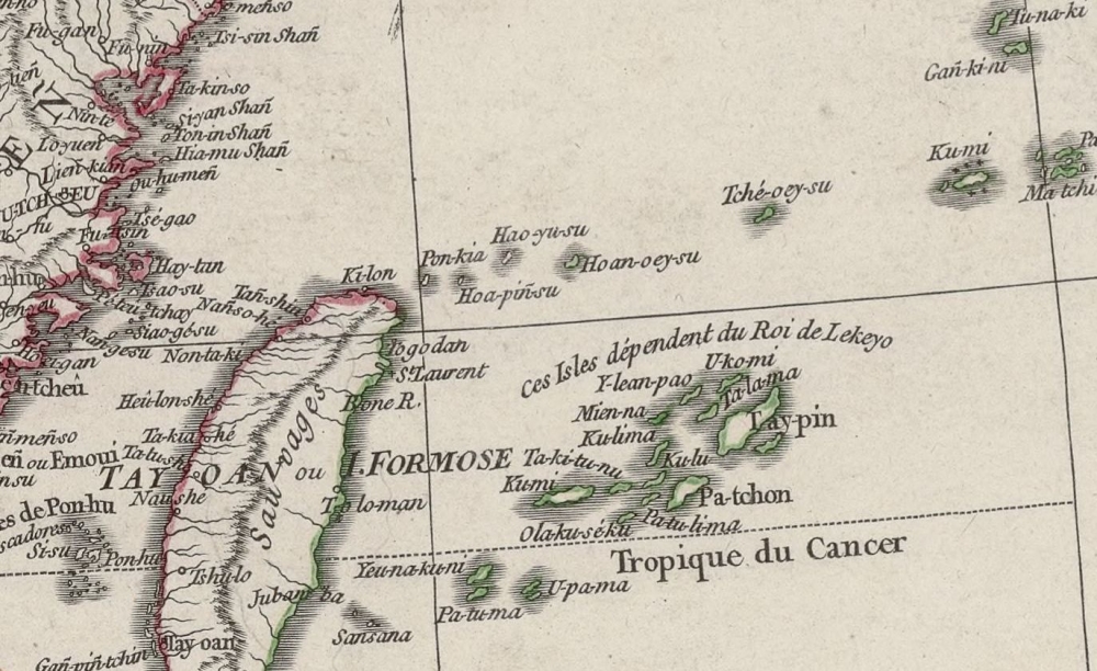 1752年由法國人繪制的亞洲地圖（中國與韃靼部分），釣魚臺列嶼位於圖中央部份。（維基百科）