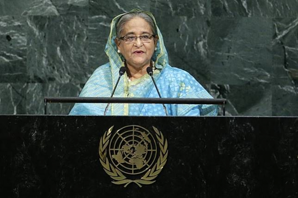 孟加拉總理哈西娜21日於聯合國大會就羅興亞問題發表演說。（湯森路透）