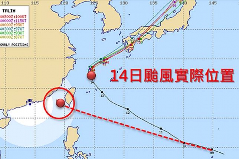 泰利颱風預側路徑，各國觀測預報都從原本的侵襲台灣一路北修。圖下紅線為9日預測，圖上紅線為14日預測。（圖片取自天氣職人－吳聖宇臉書）