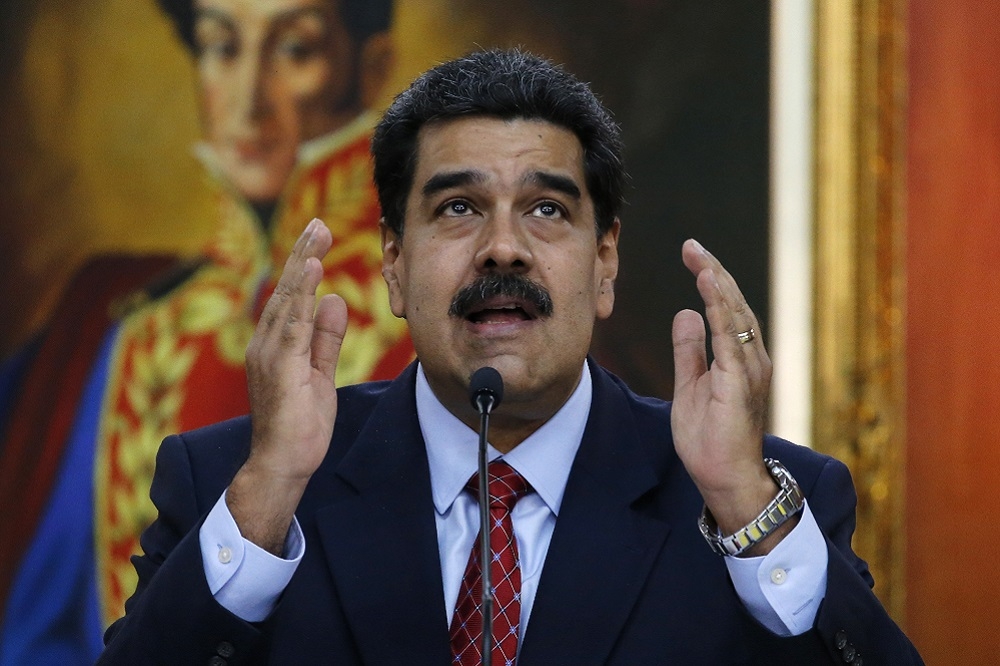 委內瑞拉總統馬杜洛（Nicolás Maduro Moros）25日於總統府舉行記者會。（美聯社）