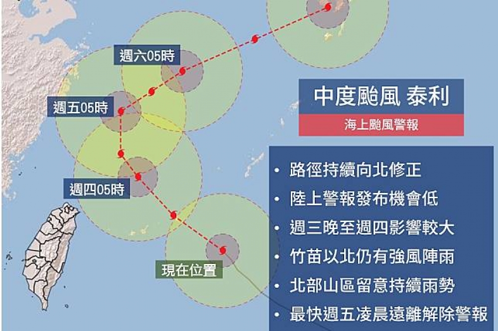 第18號颱風泰利提早北轉，氣象達人彭啟明表示，暴風圈可能「擦邊」台灣北部陸地，因此要陸上警戒可能性明顯降低，但是北部、東北部還是會受到雨勢影響。（圖片取自WeatherRisk 天氣風險臉書）