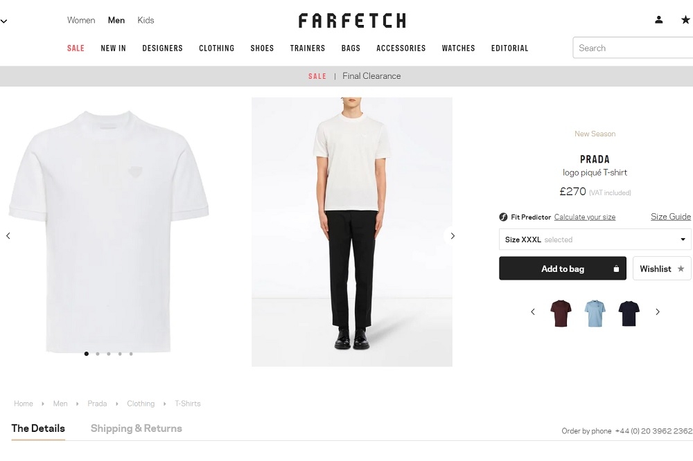 英國時尚精品購物平台「Farfetch」近期在網站上販售要價破萬元的Prada白色T恤。（翻攝自Farfetch 網站）