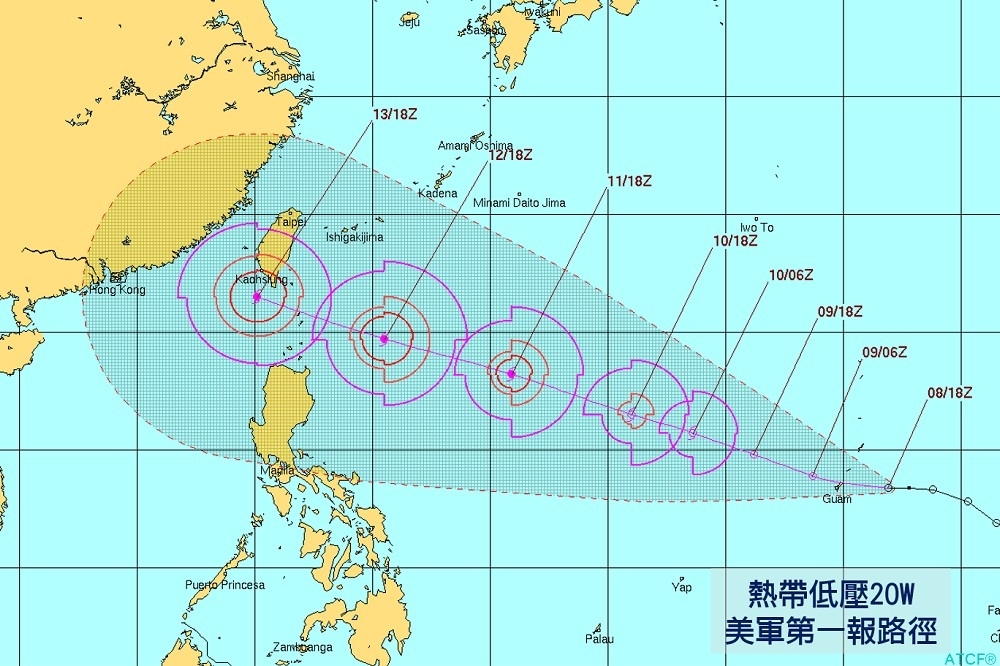 位於關島東方海面的熱帶性低氣壓，預計穩定朝西移動。此熱低壓最快在9、10日就可能形成颱風「泰利」，預計於13日來到台灣東南方海面。（取自WeatherRisk 天氣風險臉書）