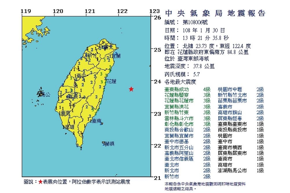 下午1點21分台灣東部外海發生規模5.7的地震，全台各地有感。（圖片取自中央氣象局）