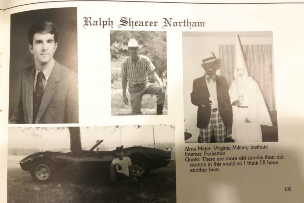 現任維吉尼亞州長諾沙姆1984年在醫學院的學生年鑑，被發現包含將臉塗黑和穿戴3K黨服飾等歧視照片。（美聯社）