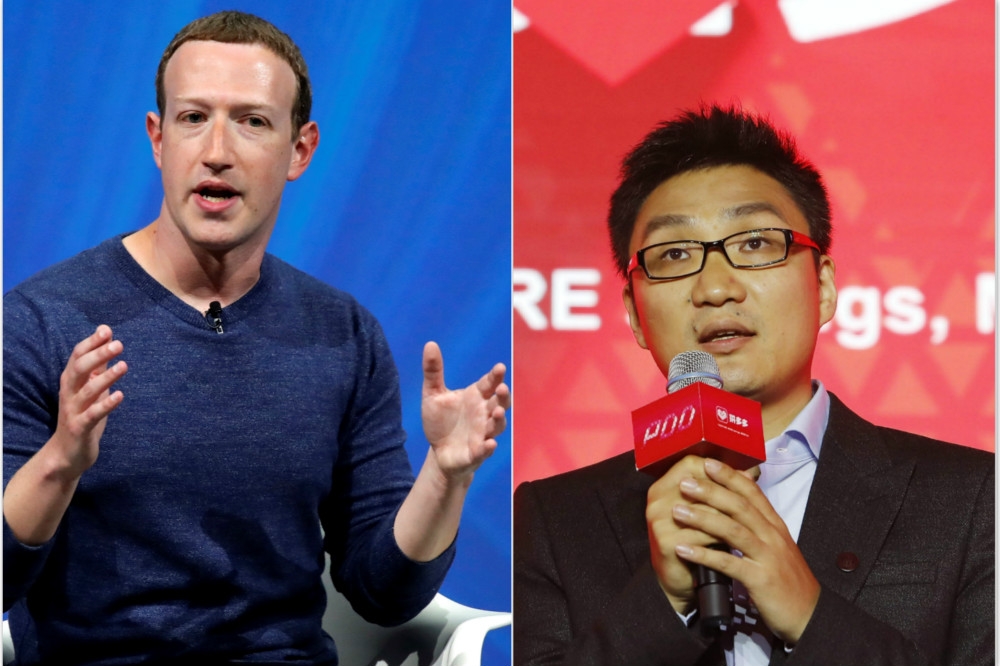 Facebook創辦人祖克柏（Mark Zuckerberg）（左）、中國拼多多創辦人黃崢（右）。（湯森路透、中新社）