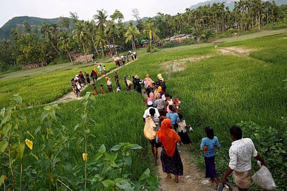 為了躲避緬甸軍方的肅清，這些羅興亞族人踏上逃難之路。（湯森路透）