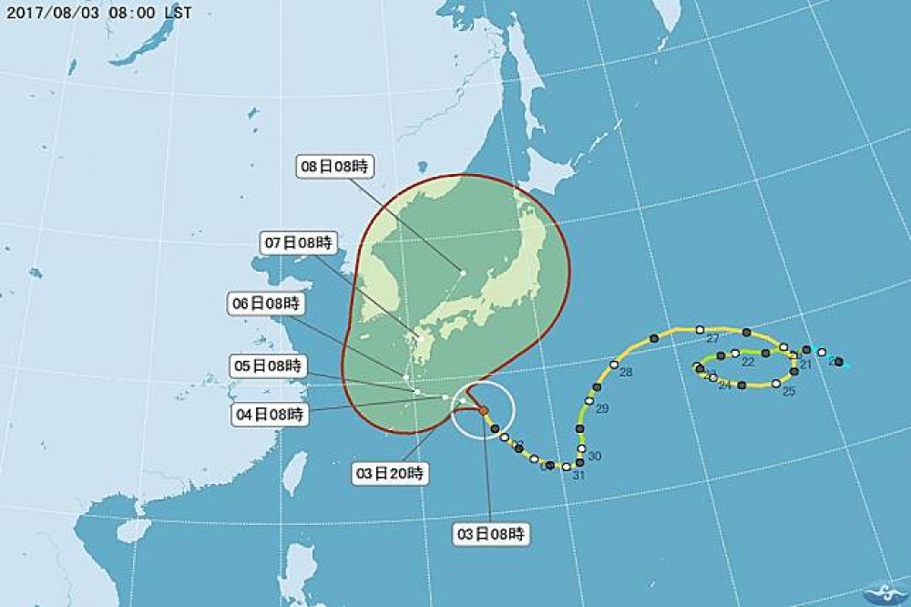 長壽颱風諾盧周末恐侵襲日本及韓國。（翻攝自中央氣象局）