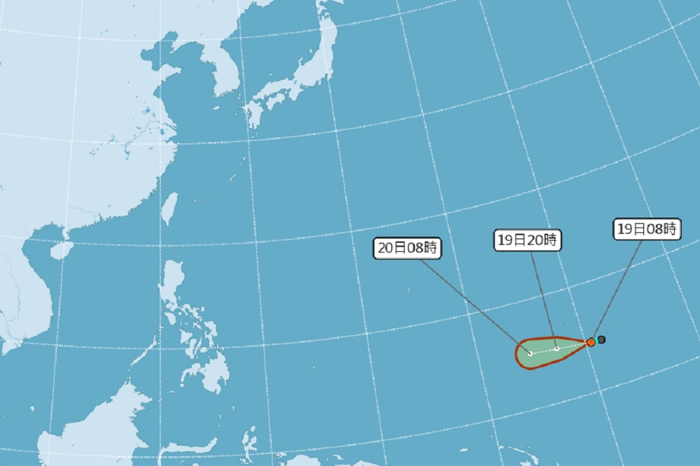 台灣東南方關島海域形成一個熱帶性低氣壓，預估2天內有發展為輕度颱風趨勢，成為2019年第2號颱風「蝴蝶」。（取自中央氣象局）