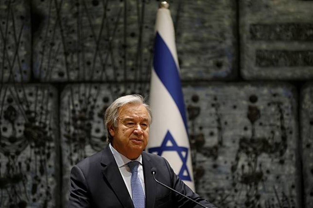 聯合國秘書長古特雷斯27日抵達以色列，並發表演說。（湯森路透）