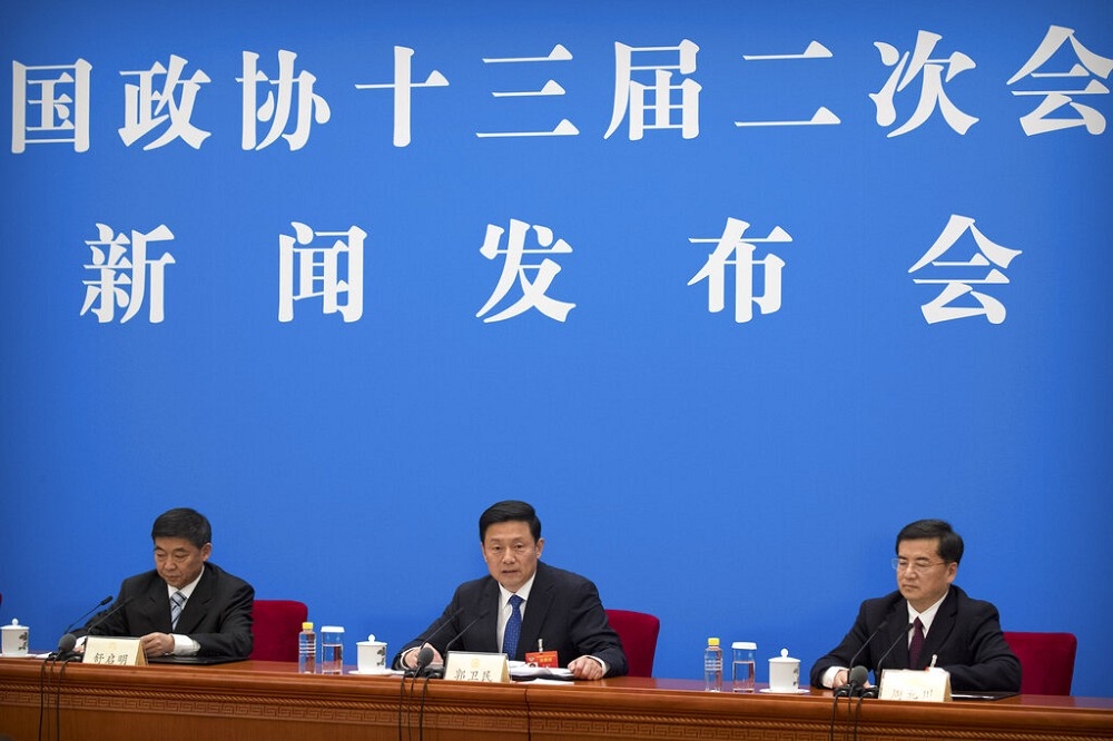 2日下午，中國人民政治協商會議第13屆全國委員會召開第二次會議新聞發布會。（美聯社）