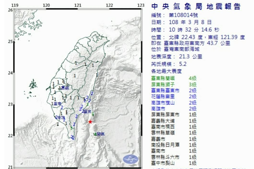 8日早上10:32台東市發生芮氏規模5.2地震，台東縣蘭嶼最大震度達4級。（中央氣象局提供）