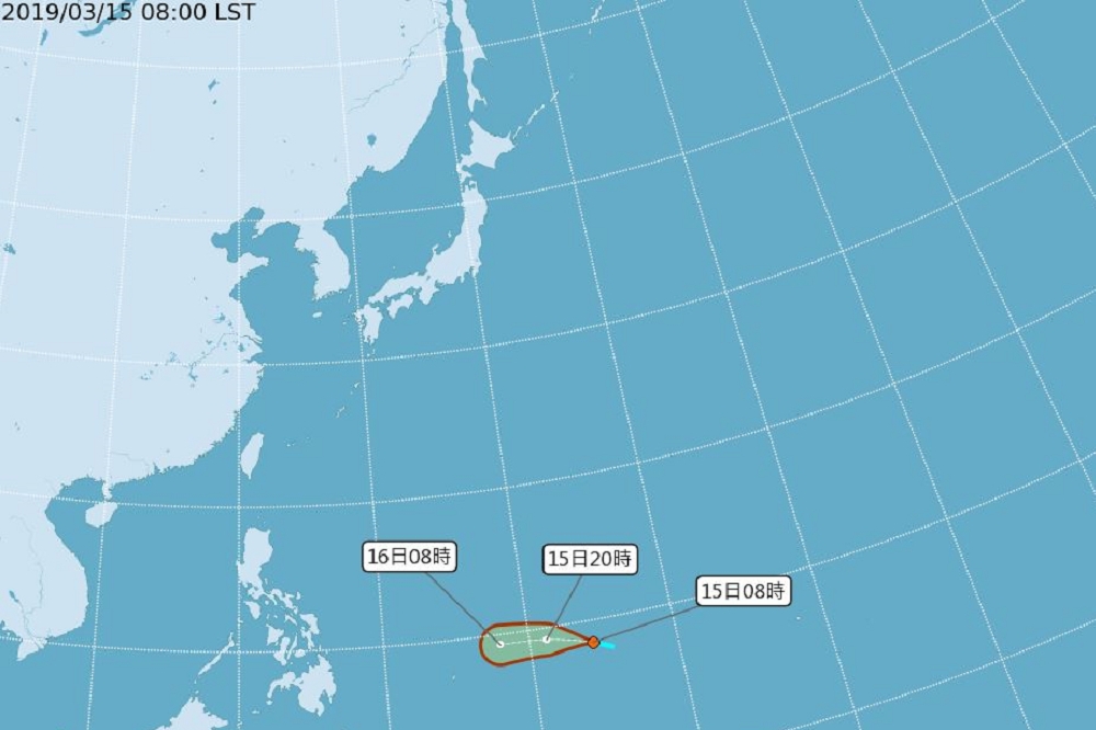 5日凌晨2時關島南方海面形成第4號熱帶性低氣壓，是否形成颱風仍待觀察。（中央氣象局提供）