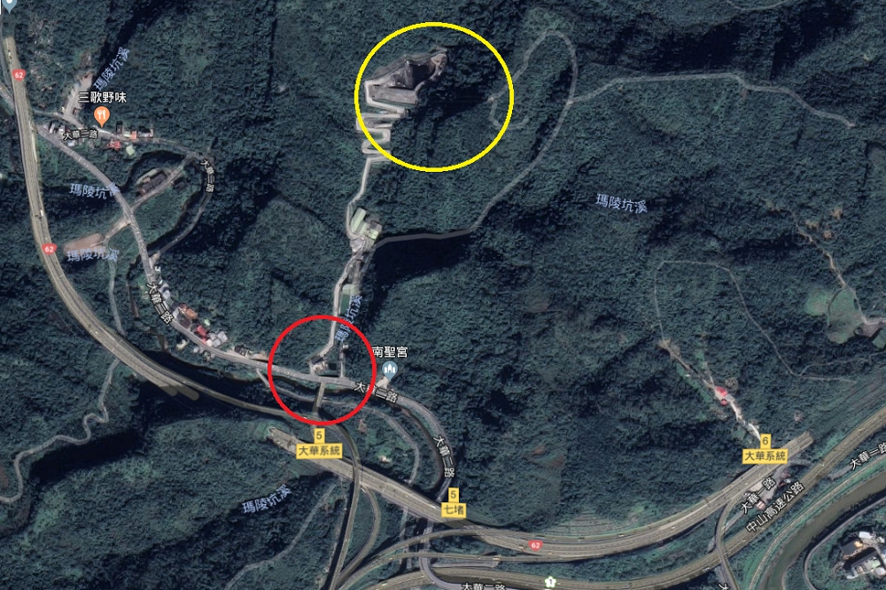 紅圈處為永盛掩埋場現址，黃圈處則是第2期預定開發地。（圖片取自Google Map）