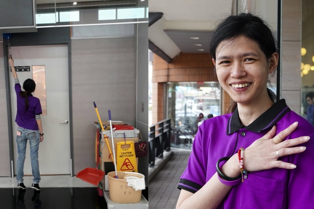 年輕女孩姜秀蓮在機場擔任清潔員（左）表現優異，是身障就業服務單位「美好基金會」的完美典範。（姜秀蓮提供／陳沛妤攝）