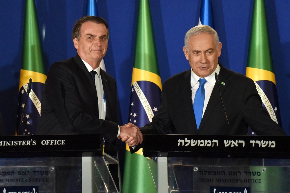 3月31日巴西總統波索納洛（左）、以色列總理納坦雅胡（右）在耶路撒冷發表聯合聲明。（湯森路透）