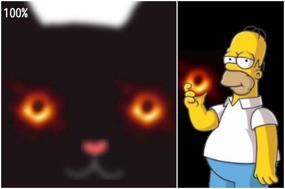 史上首張黑洞照公布後，網友尬創意，P圖成統治宇宙的「火眼」喵星人（左）及被荷馬辛普森咬一口的甜甜圈（右）。（取自推特）