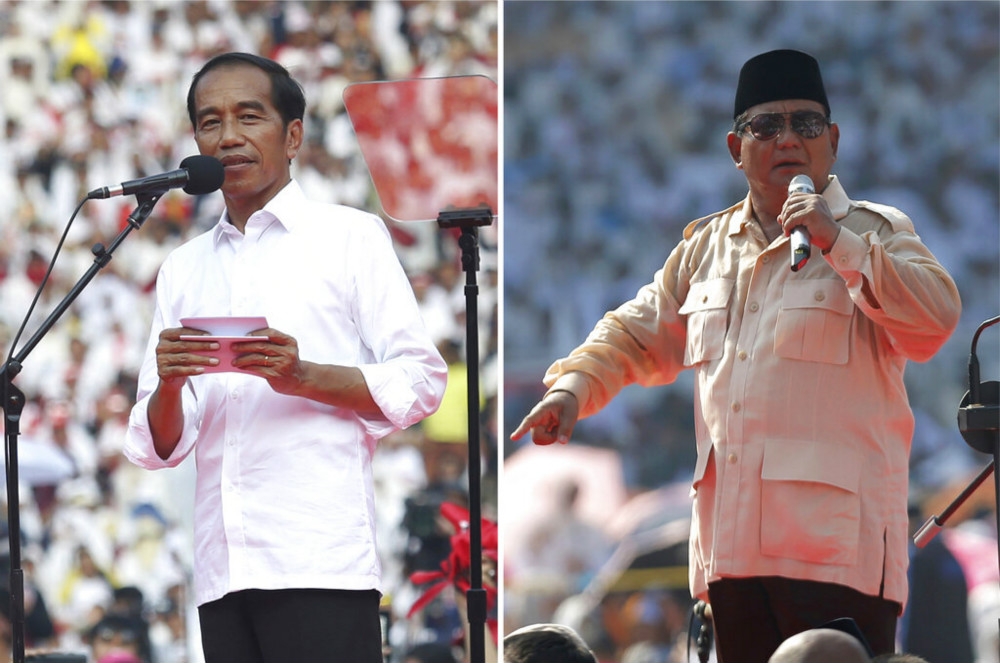 五年後再次對上的兩人，印尼現任總統佐科威（圖左）與退役中將蘇比安托（右）。（美聯社）