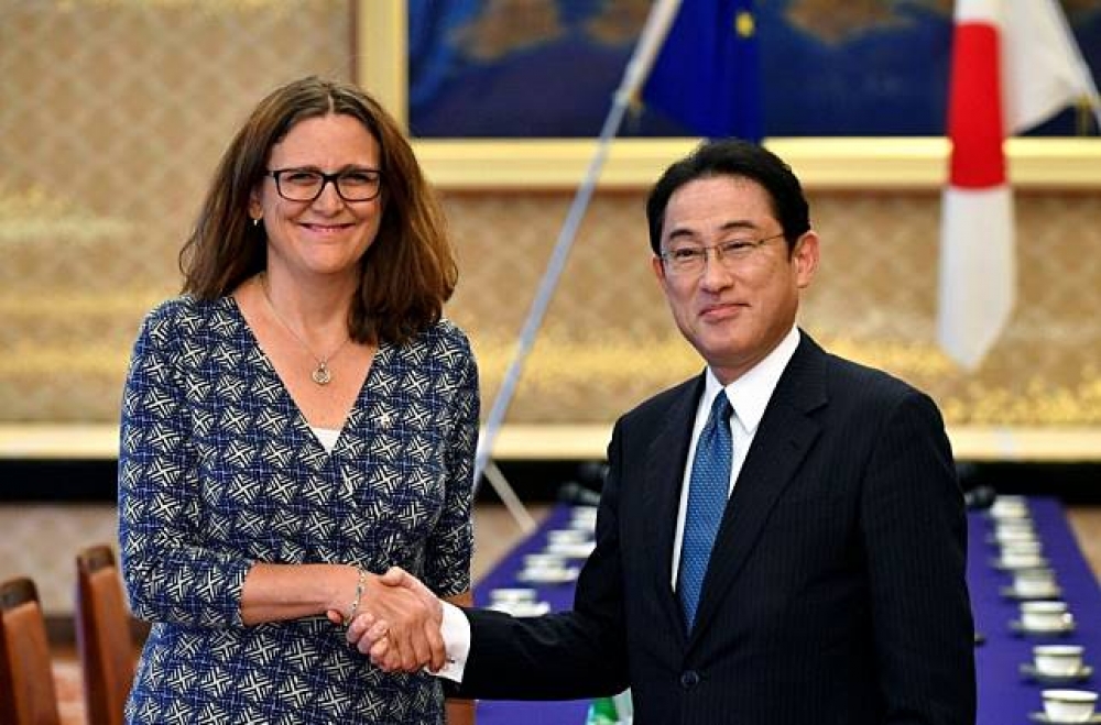 歐盟與日本《EPA》談判過程長達4年，圖左為歐盟貿易代表麻姆絲特朗（Cecilia Malmström），右二為日外相岸田文雄。（湯森路透）