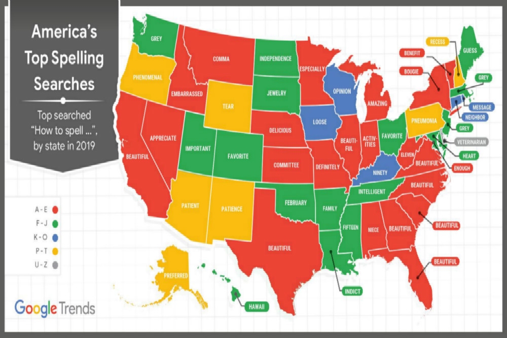 谷歌利用大數據統計分析，做出一張「全美各州最多搜尋拼法」單字地圖。（圖片取自Google Trends）