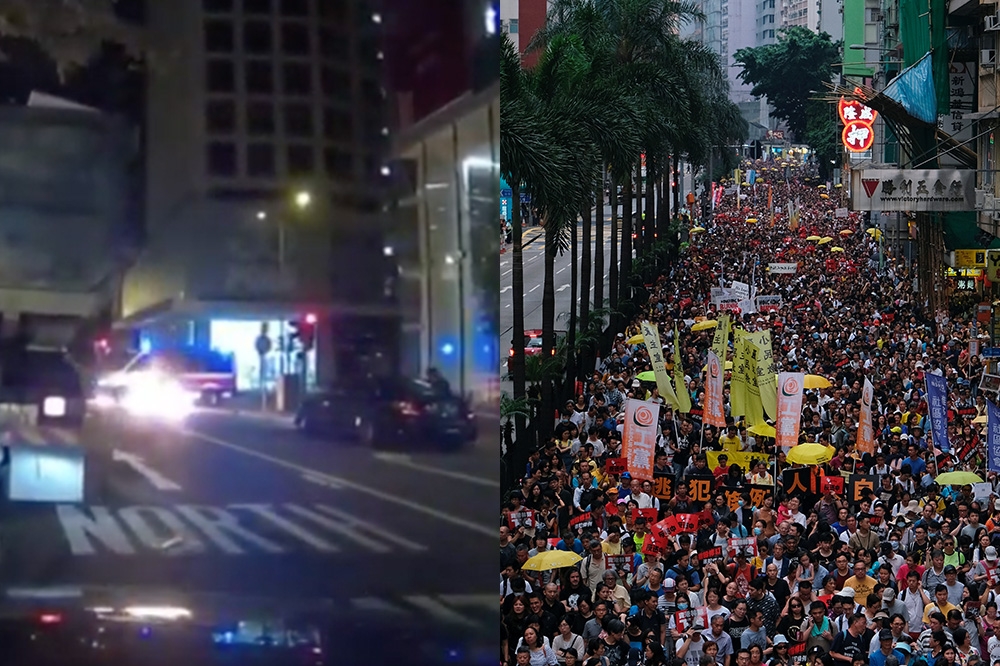 在6月9日「反送中」遊行前，香港驚傳兩起投擲汽油彈事件。（翻攝畫面、湯森路透）