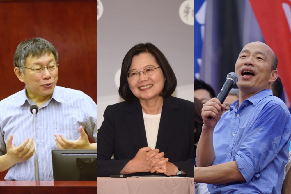 民調顯示，台北市長柯文哲（左）若競逐總統皆完勝藍綠，其中綠營若推蔡英文（中）參選，勝率小贏賴清德；藍營參選人韓國瑜聲勢下降。（合成圖片）