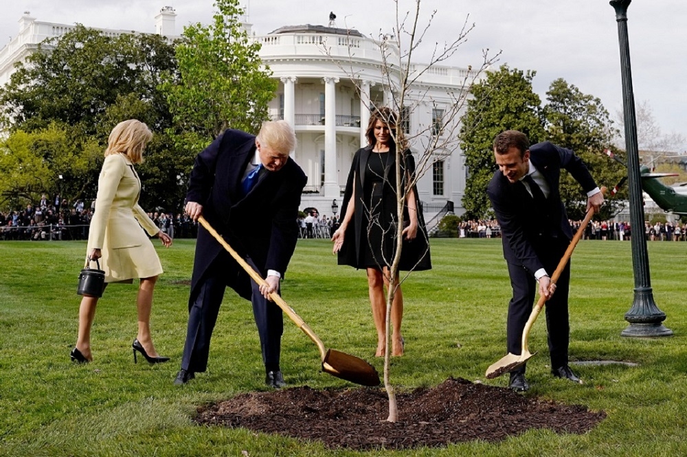 2018年4月，川普與馬卡洪共同植下兩國友誼之樹。（湯森路透）