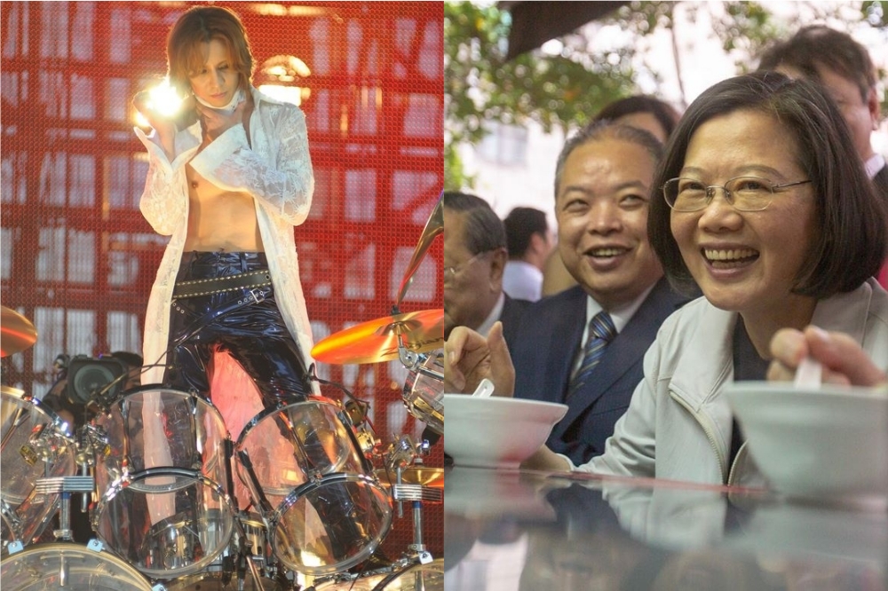 日本天團X JAPAN團長YOSHIKI（左）推文表示自己在台灣，徵求美食推薦，竟釣到蔡英文總統（右）回覆。（取自YOSHIKI臉書、蔡英文Instagram）