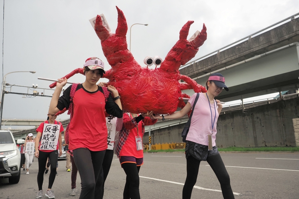 桃園市空服員職業工會5日以苦行方式扛著大螃蟹，展開27公里長征，前往凱道讓蔡英文總統知道爭取勞權之不易。（攝影：張家銘）
