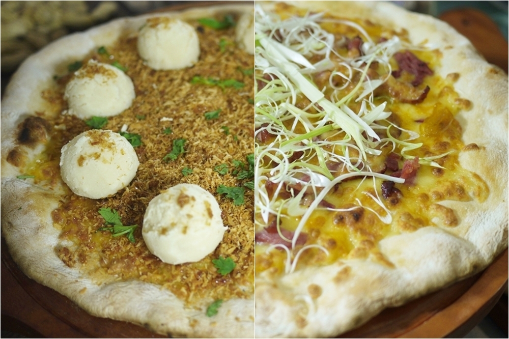 左：貓王 Pizza、右：蘭陽金棗鴨賞 Pizza （攝影：黃映嘉）