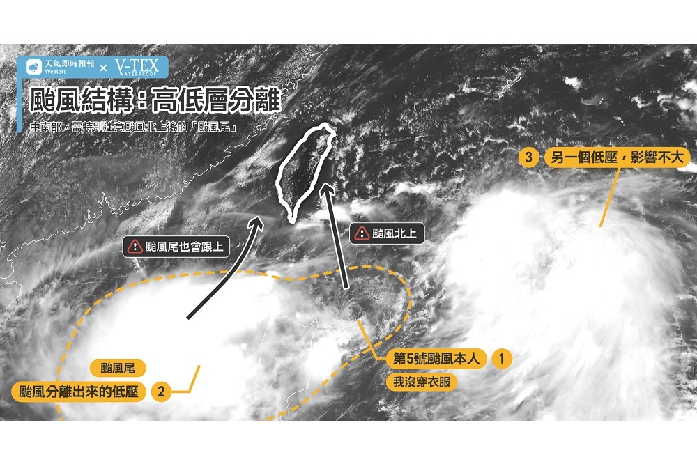 氣象局17日上午11時30分發布陸上颱風警報；而「天氣即時預報」則提醒，留意南海低壓是否會獨立發展。（圖片取自「天氣即時預報」臉書）