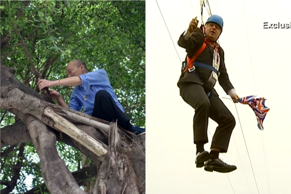 高雄市長韓國瑜（左）24日爬樹照轟動網路，也被聯想到英國新任首相鮑里斯強森（右）「吊半空」的經典畫面。（合成照片／高市府提供、取自YouTube）