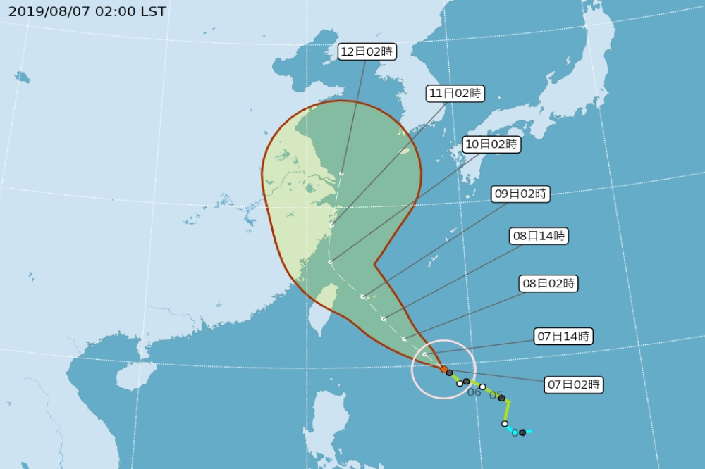 今年第9號颱風利奇馬逼近台灣，中央氣象局表示，可能6日中午前後發布海上颱風警報。圖為路徑預測圖。（圖片取自中央氣象局）