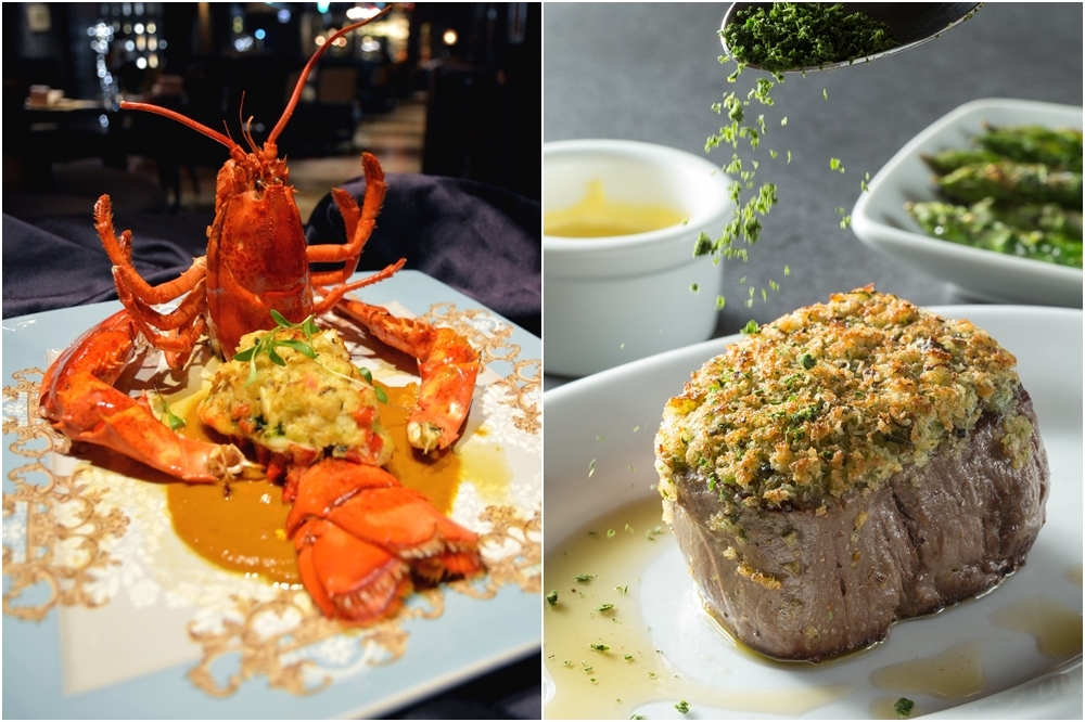 左：雲軒西餐廳主餐「爐烤蟹肉加拿大龍蝦佐白蘭地香草醬」、右：茹絲葵香酥松露牛排（圖片：各餐廳飯店）