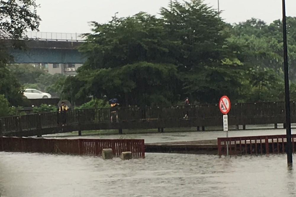 彰化市民代表林深山13日在臉書po出，位於高架橋下的彰化景觀公園淹水情形。（取自林深山臉書）
