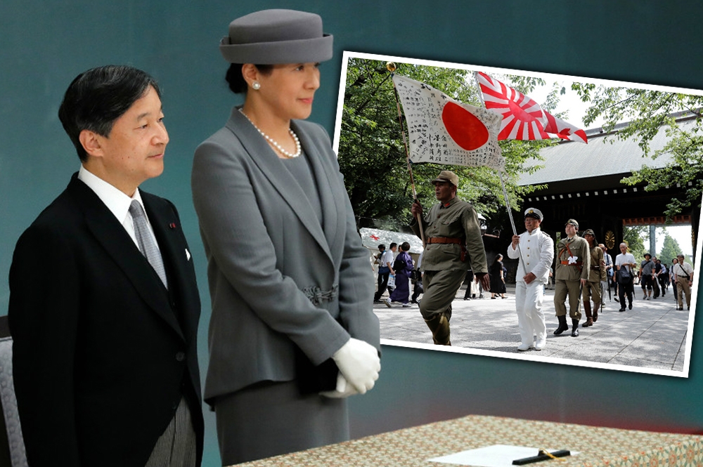 新任日本天皇德仁（左）與皇后雅子首次主持終戰悼念儀式，靖國神社再現右翼人士身穿「帝國軍裝」遊行。（照片：湯森路透，後製：潘世惟）