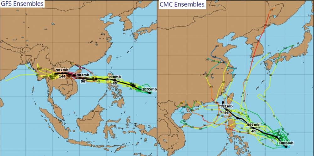 吳德榮指出，各國系集模式模擬的路徑分歧，有因模擬的太平洋高壓較強而進入南海的〔美國GFS(左圖)〕，也有因模擬的太平洋高壓較弱受偏南風導引北轉，而與台灣相距有的遠、有的近〔加拿大CMC(右圖)〕。(圖擷自tropical tidbits)