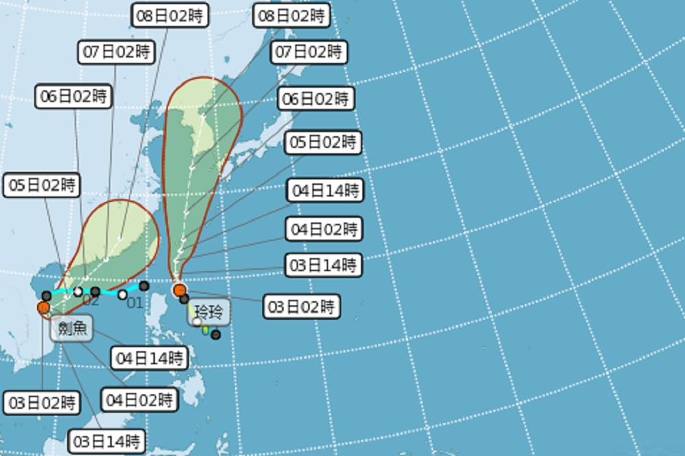 劍魚輕度颱風，向北北東往福建方向前進，但另一颱風玲玲，4、5日最接近台灣。（取自中央氣象局）