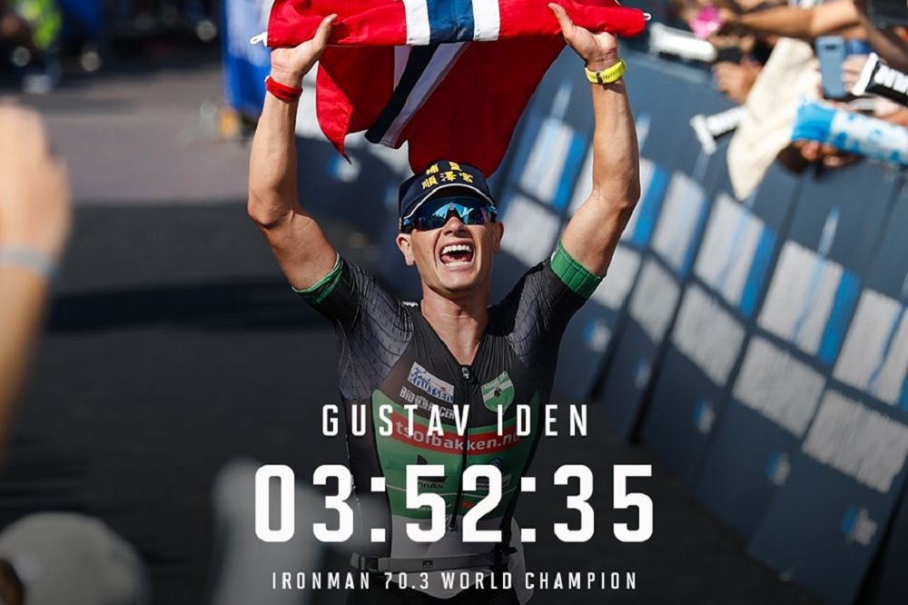 挪威選手Gustav Iden奪下2019法國尼斯三鐵世界錦標賽冠軍，頭上的戴著的宮廟帽引發國內網友關注。（取自IRONMAN 70.3 World Championship臉書）