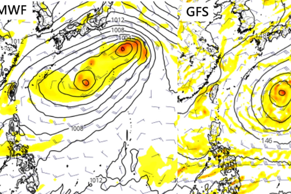 最新(9日20時)歐洲模式(ECMWF，圖左)及美國模式(GFS，圖右)顯示，模擬15日天氣圖有多個熱帶擾動存在，但都對台灣無影響。(圖擷自tropical tidbits)